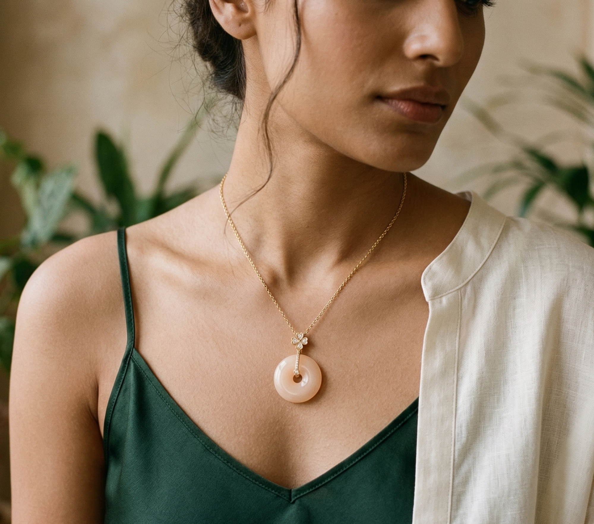 Yugavi Aarna Necklace — ivory pi disc pendant with pavé cubic zirconia gold connector and four-petal flower detail on slim gold cable chain — houseofyugavi.com