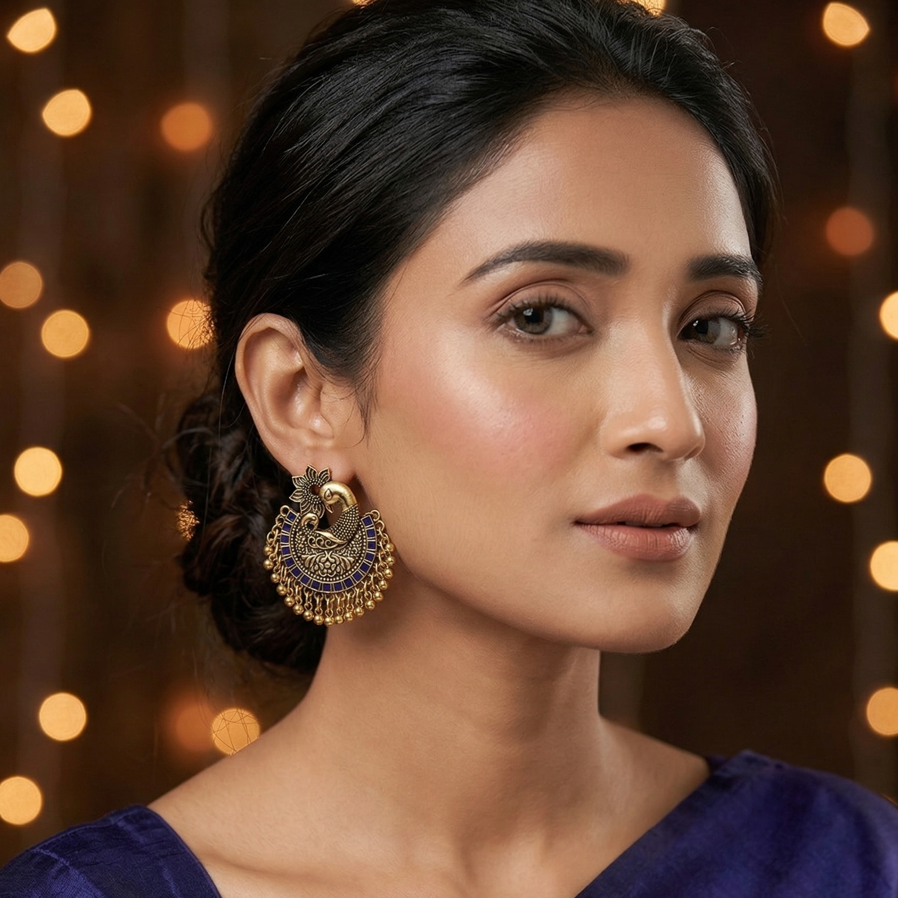 Close-up of Yugavi Arin navy enamel tile arc — square navy blue enamel tiles flush-set in precise row along the inner crescent edge of the antique gold peacock earring, meenakari enamel inlay beside engraved gold dotwork body