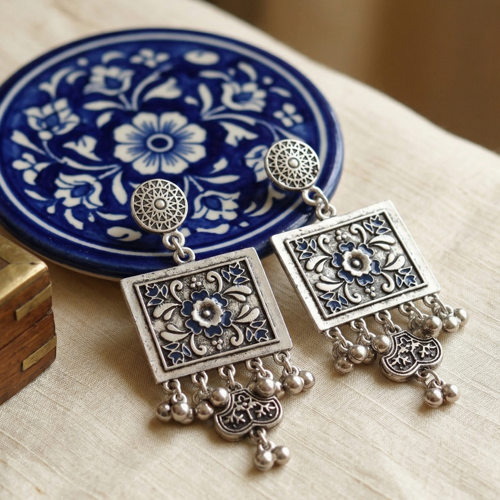 Yugavi Arita oxidised silver meenakari drop earrings displayed as a pair on white background — round starburst disc studs, wide horizontal rectangle drops in ivory and navy blue meenakari enamel with Mughal arabesque scrollwork and central white flower, five silver ball drops, and small arch shield pendant with navy enamel and ball drop at base