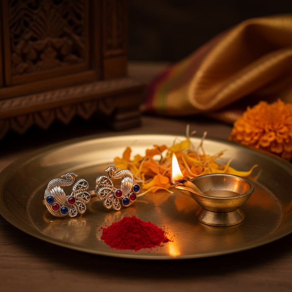 Decorative tray with jewelry, flowers, and a lamp on a dark background