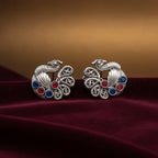 Yugavi Bugadi oxidised silver peacock ear cuff traditional Indian jewellery ruby red sapphire blue stones filigree tail no piercing Maharashtrian heritage festive bridal buy online India