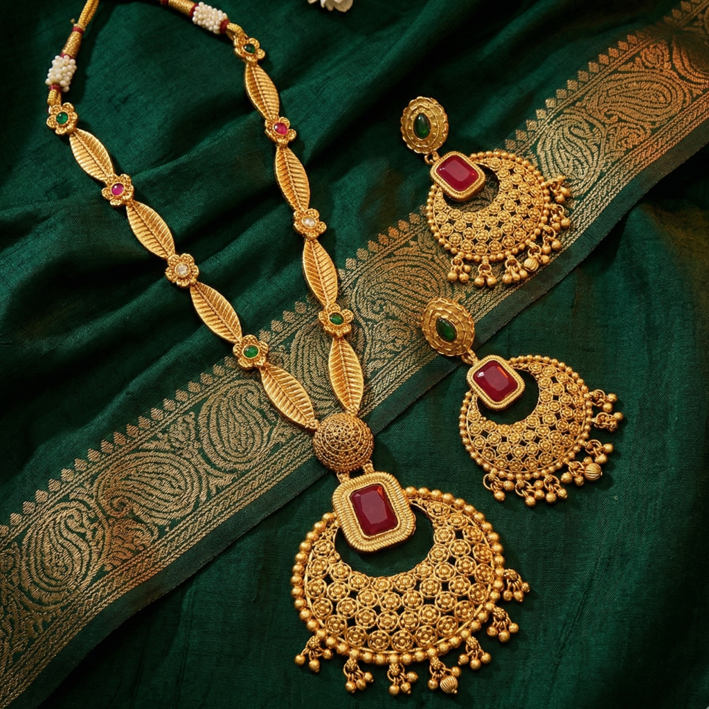 Yugavi Chandbali Earrings in antique gold with ruby red rectangular stone and emerald green teardrop stud, featuring rosette filigree crescent moon design and ghungroo bell fringe — House of Yugavi