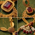 Yugavi Chandbali Haar Set styled flat lay — long leaf motif haar, large crescent moon pendant with ruby stone and ghungroo drops, and two matching chandbali earrings in antique gold brass — House of Yugavi