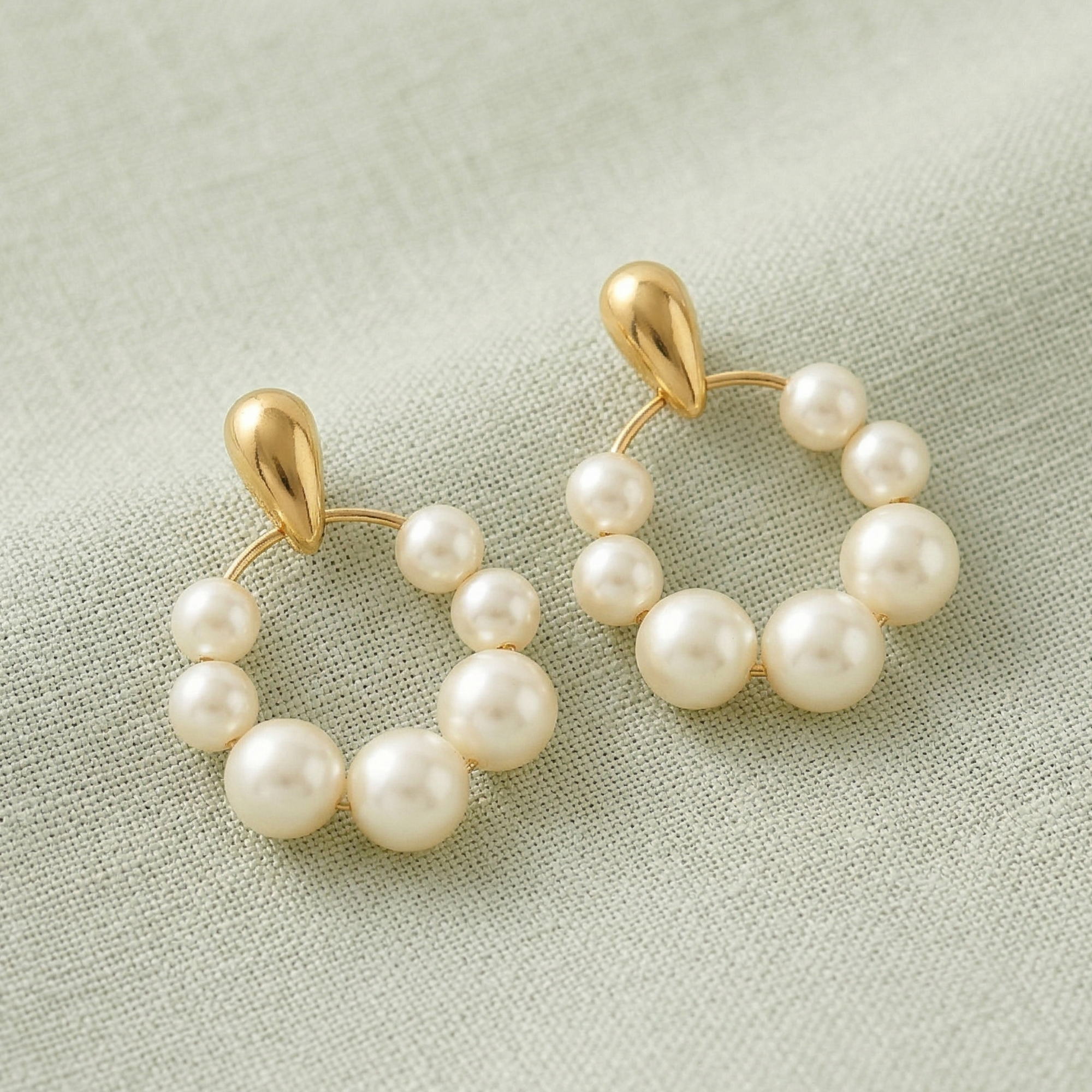 Yugavi Chandra Earrings — gold teardrop stud with graduated cream pearl-look circle drop — 22K gold plated — houseofyugavi.com