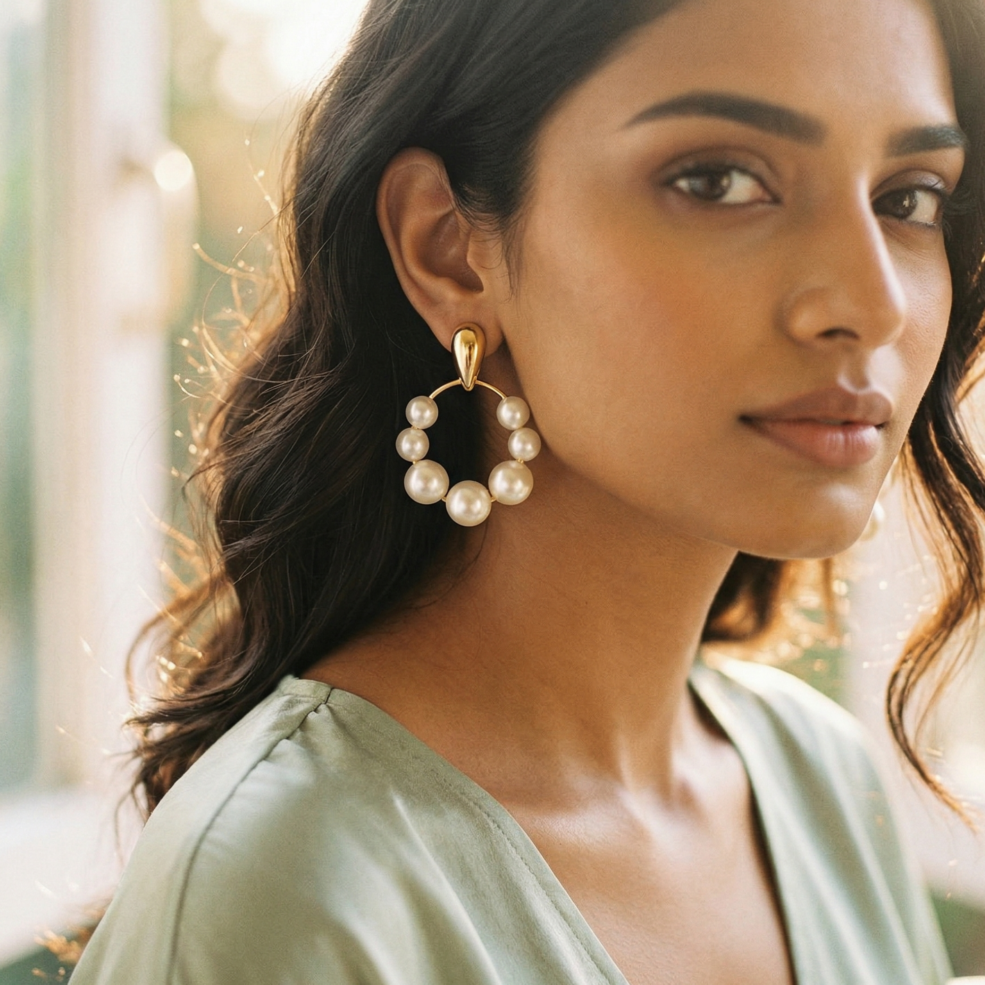 Yugavi Chandra gold graduated pearl circle drop earrings worn on ear — classical pearl drop earrings — Yugavi Feminine Edit — Yugavi Jewels
