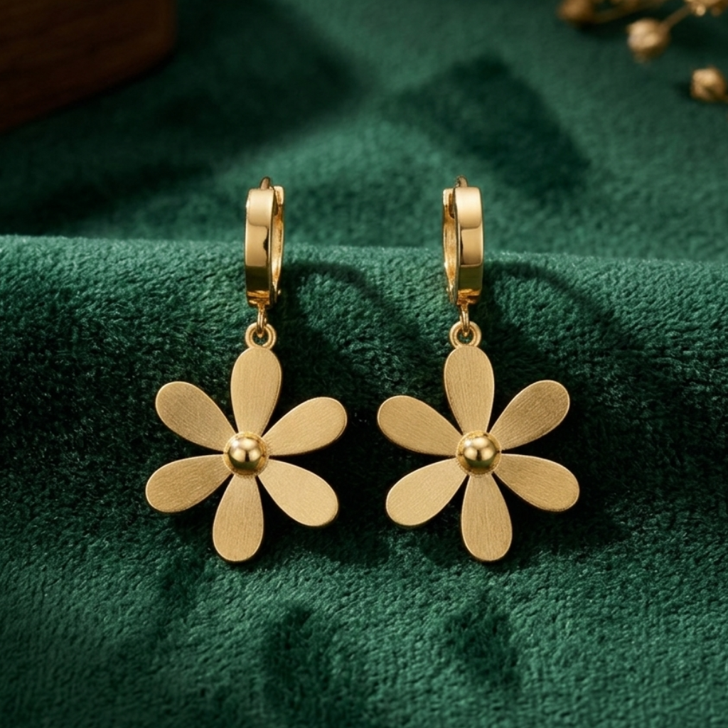 Yugavi Daisy 22K gold plated brushed matte six petal daisy flower charm huggie hoop earrings polished gold ball centre daily wear office casual gifting contemporary jewellery Yugavi buy online India