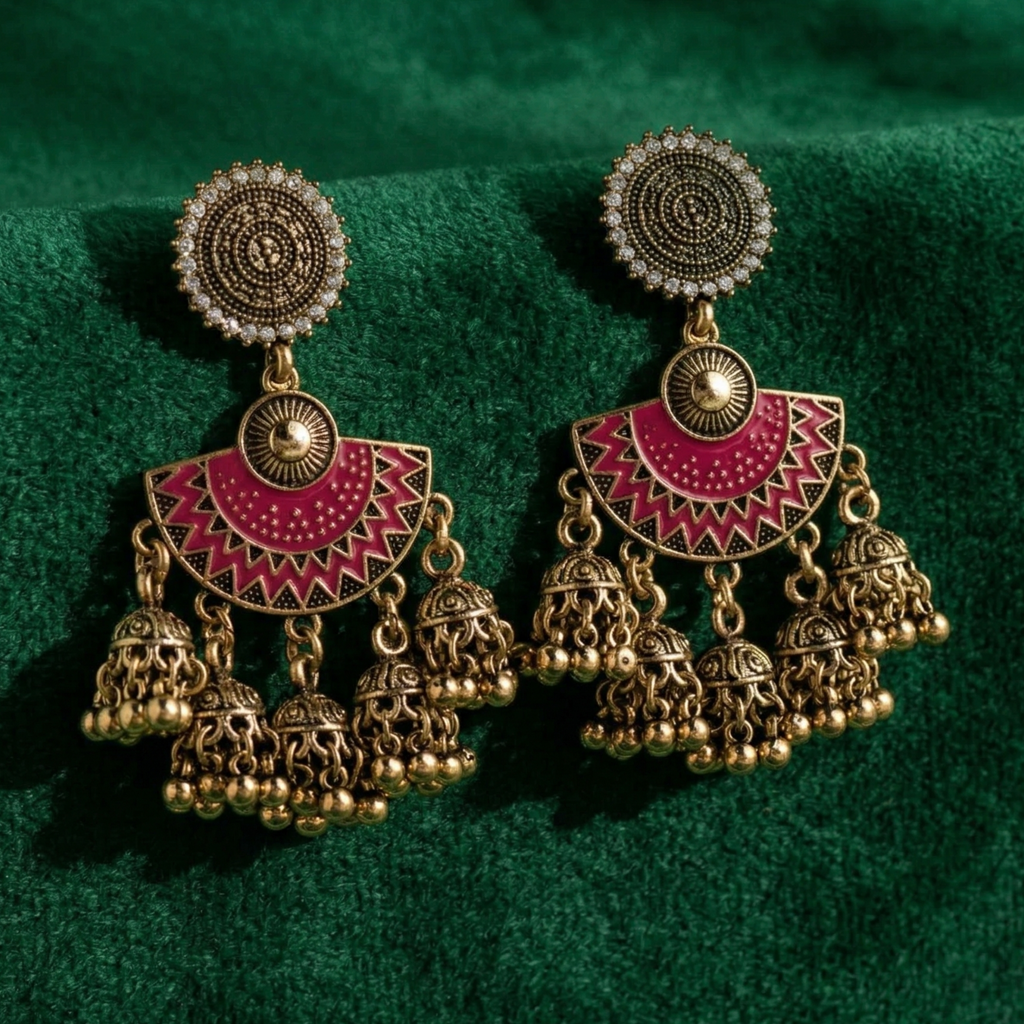 Yugavi Devanshi antique gold triple jhumka earrings displayed as a pair on hot pink magenta background — large concentric-ring gold disc stud tops, deep magenta enamel half-moon arch connectors with geometric gold border and centre dome, three cascading antique gold jhumka bells with bead drops hanging below each arch