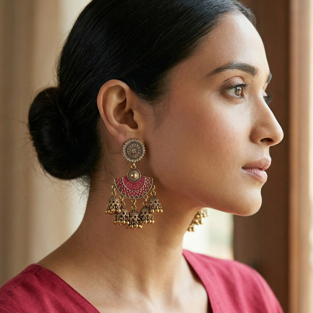 Yugavi Devanshi triple jhumka drop earrings flat lay on white or ivory background — showing full three-part construction: concentric disc stud, magenta enamel chandbali arch and three hanging antique gold jhumka bells with bead drops