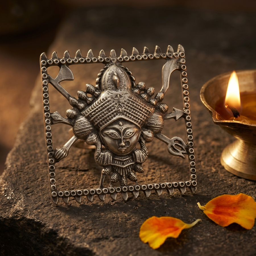 Decorative silver pendant with a face design on a dark stone surface with a lit oil lamp and orange petals.