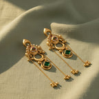 Yugavi Emerald Drop gold plated chandbali chain dangler earrings with seed pearl meenakari panel emerald green CZ stone crescent ring ghungroo drops bridal wedding festive Indian heritage jewellery Yugavi Kansyam buy online India