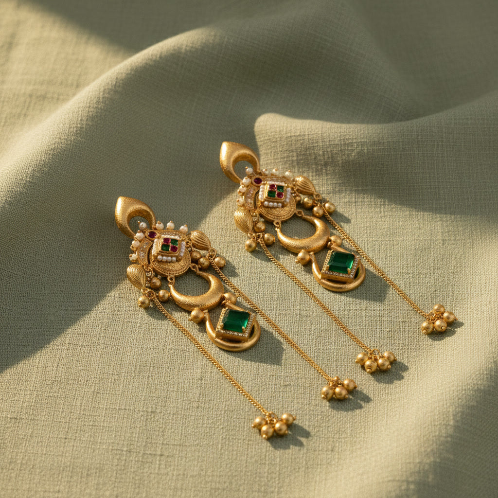 Yugavi Emerald Drop gold plated chandbali chain dangler earrings with seed pearl meenakari panel emerald green CZ stone crescent ring ghungroo drops bridal wedding festive Indian heritage jewellery Yugavi Kansyam buy online India