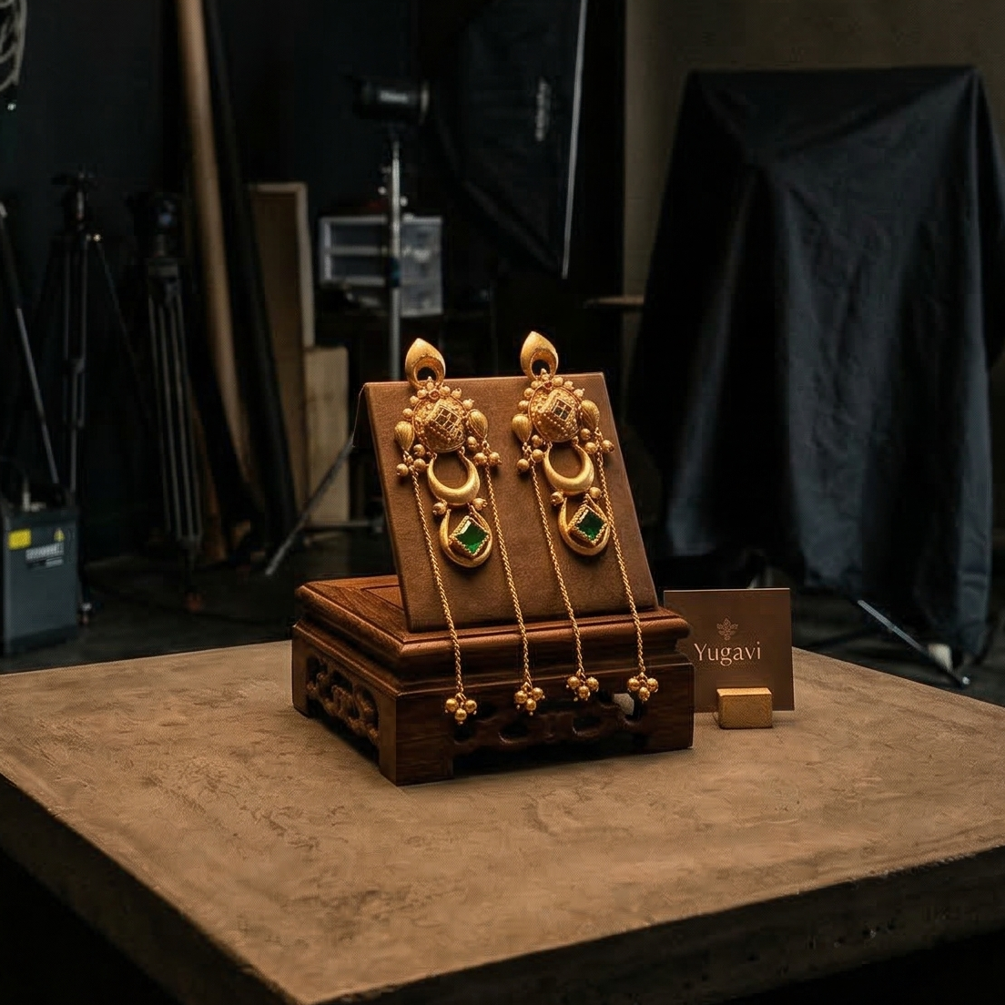 Yugavi Emerald Drop gold plated chandbali chain dangler earrings with seed pearl meenakari panel emerald green CZ stone crescent ring ghungroo drops bridal wedding festive Indian heritage jewellery Yugavi Kansyam buy online India