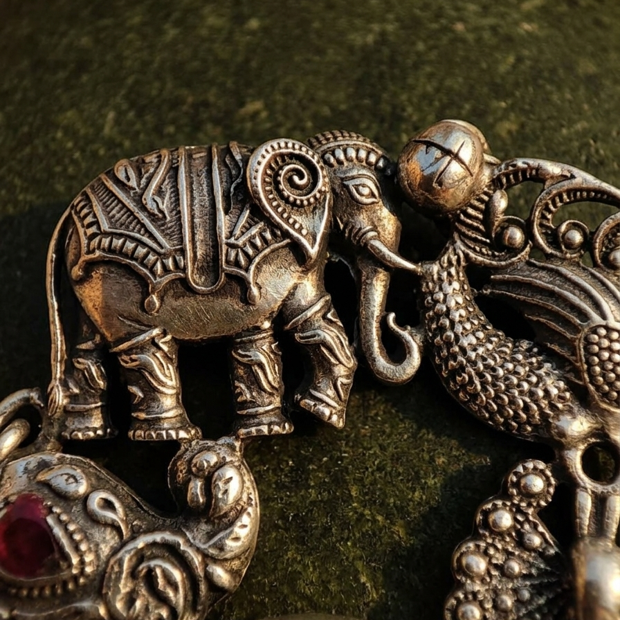 Yugavi Gajendra oxidised antique silver statement ring — clearly showing carved elephant in temple caparison standing beside a textured peacock on band face, with three hanging drops: large black teardrop stone, ruby red accent and peacock fan form with silver balls below