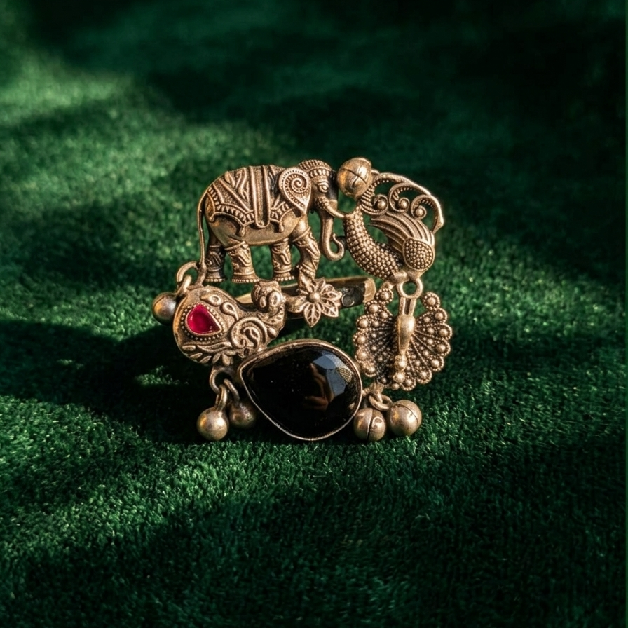 Yugavi Gajendra oxidised silver statement ring — wide band with carved elephant and peacock temple relief motifs, large black teardrop stone pendant hanging below, ruby red teardrop in paisley silver setting with silver ball drops, displayed on khaki fabric