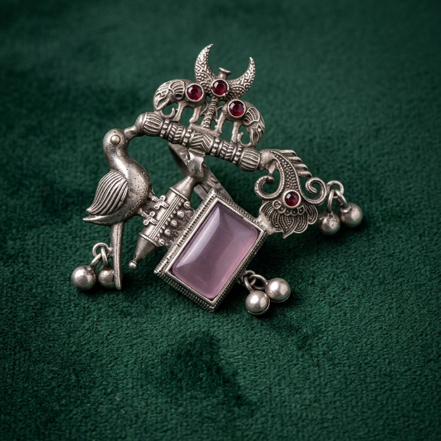 Yugavi Gopuram oxidised silver narrative pendant — double crescent arch with ruby stones and parakeet figures at crown, standing sarus crane in feather-line silverwork on left, large rectangular rose quartz stone in centre bezel, and paisley scrollwork with ruby accent on right, pearl drops throughout, displayed on taupe fabric