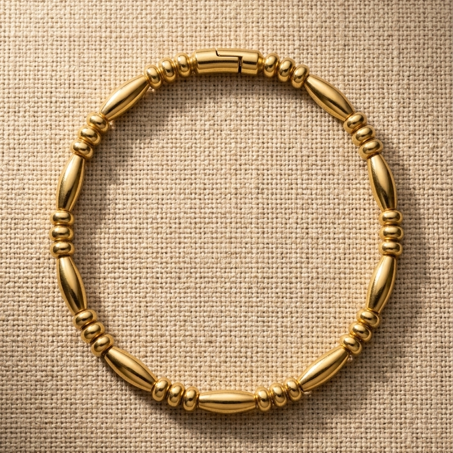 Yugavi Granthi Bracelet — slim 22K gold plated alternating barrel and disc bead bracelet with push clasp — houseofyugavi.com