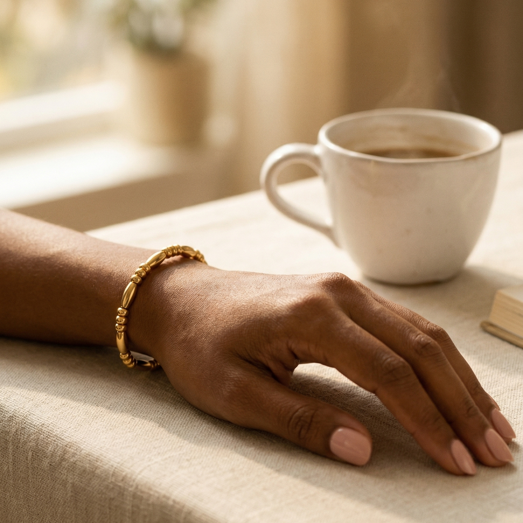Yugavi Granthi gold slim bead bracelet worn on wrist — minimalist everyday gold bracelet — Yugavi Everyday Gold Collection — Yugavi Jewels