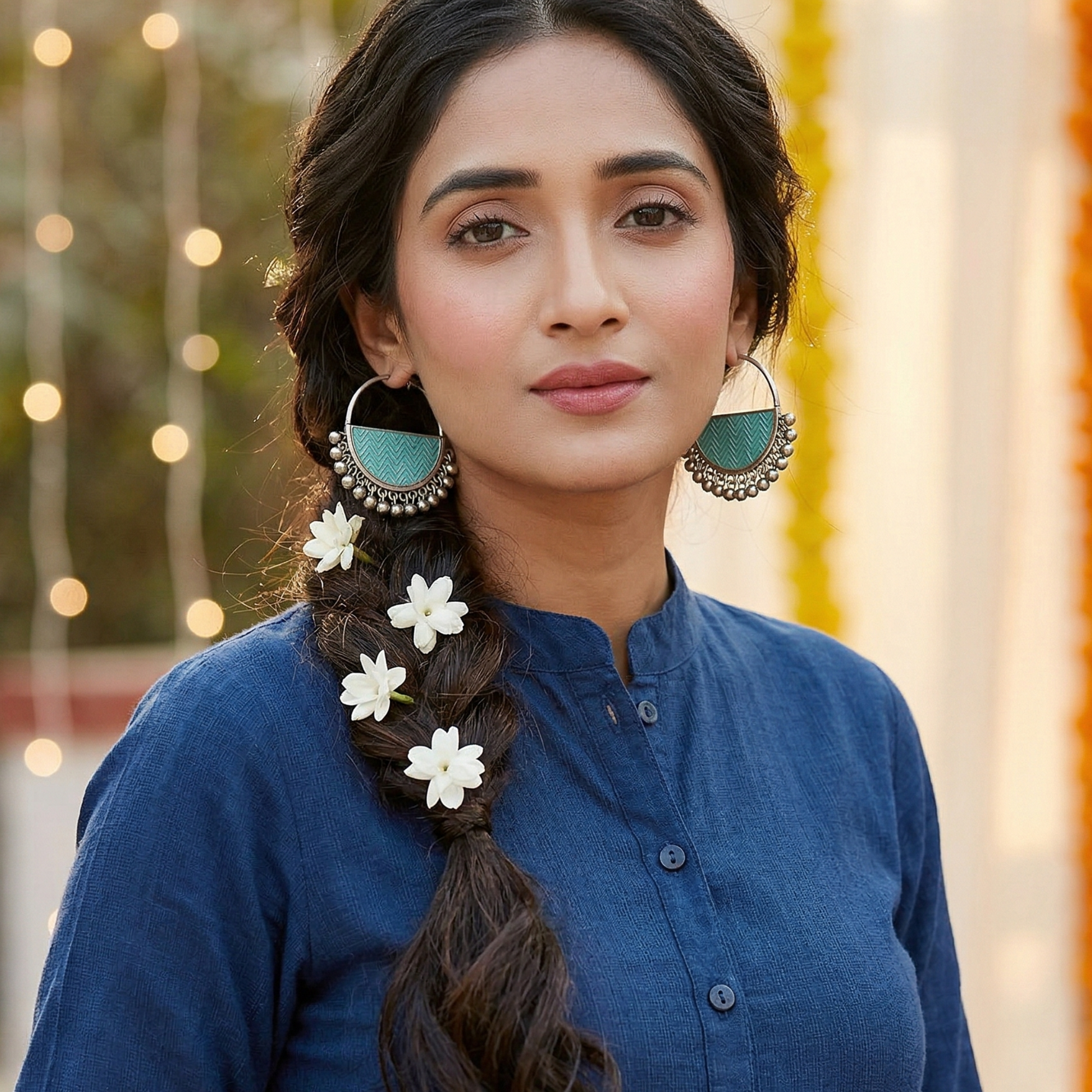 Yugavi Hamsini ethnic hoop earrings in antique silver and teal enamel with zigzag engraving and dangling silver balls