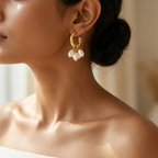 Yugavi Harshika gold pearl cluster hoop earrings displayed as a pair on off-white background — medium C-hoop in bright polished gold with lightly hammered surface texture, five oval ivory rice pearl drops hanging from gold jump rings at the hoop base, push-back stud closure with silicone stopper