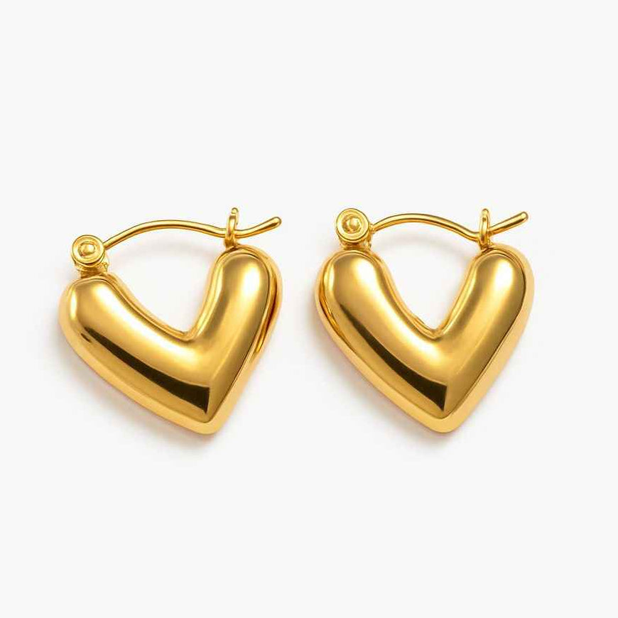 Yugavi Hridaya chunky puffy heart hoop earrings in high mirror polish 18K gold, hollow sculptural heart silhouette with open centre and hinge lock closure, front view pair — House of Yugavi