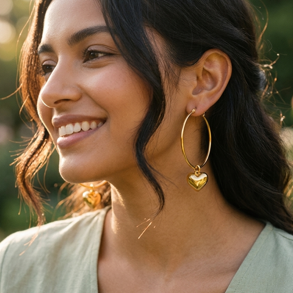 Yugavi Hridaya gold large hoop earrings with puffy heart charm worn on ear — romantic gold hoops — Yugavi Feminine Edit — Yugavi Jewels