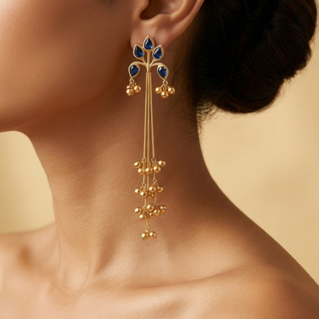 Yugavi Hritvi 22K gold plated sapphire blue lotus petal stud long ghungroo chain dangler earrings bridal wedding festive Navratri sangeet Indian heritage jewellery Yugavi Kansyam buy online India