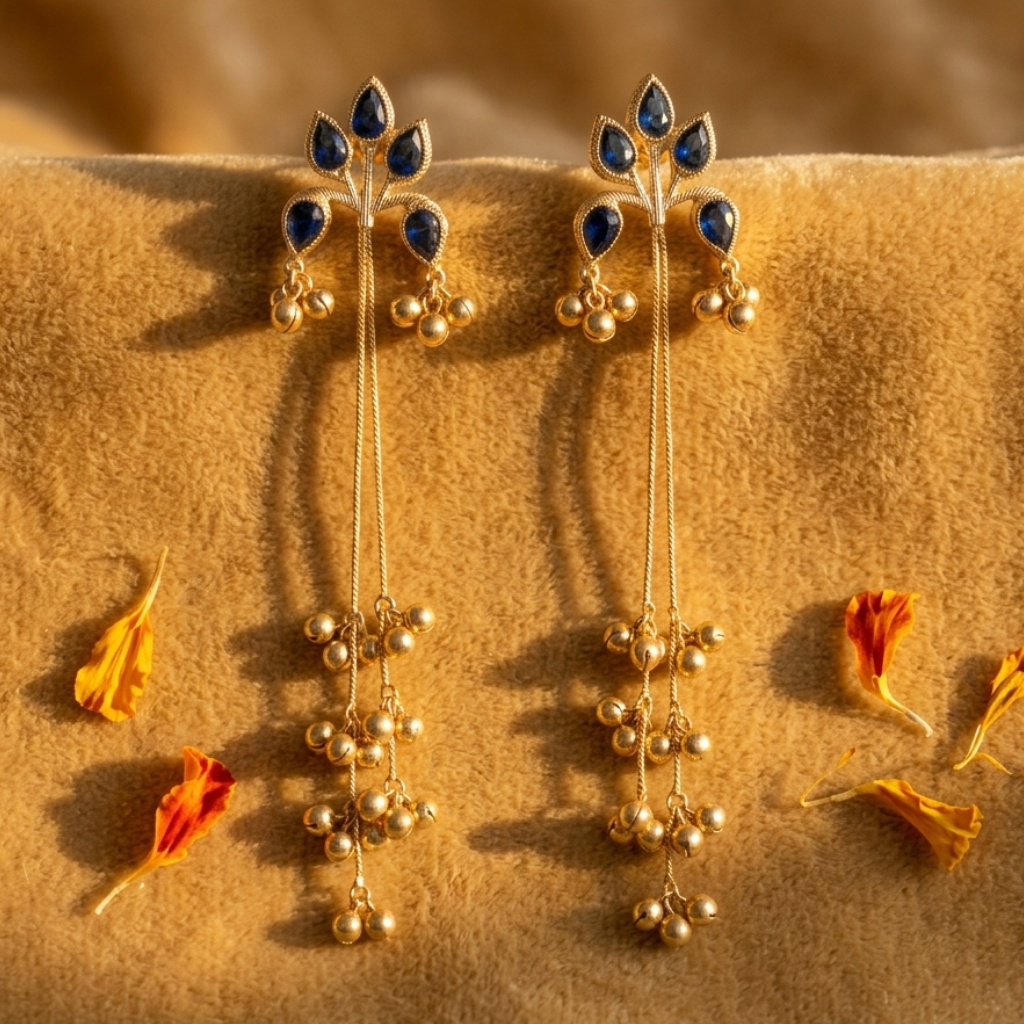 Pair of gold earrings with blue gemstones on a brown fabric background