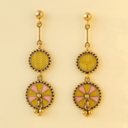 Yugavi Ishnavi double disc drop earrings displayed as a pair on off-white background — polished gold ball stud tops with bar connectors, medium circular upper discs with mustard yellow geometric enamel and gold bead borders, larger lower chakra wheel discs alternating mustard yellow and blush pink wedge enamel with central gold dome and three gold ball drops at base