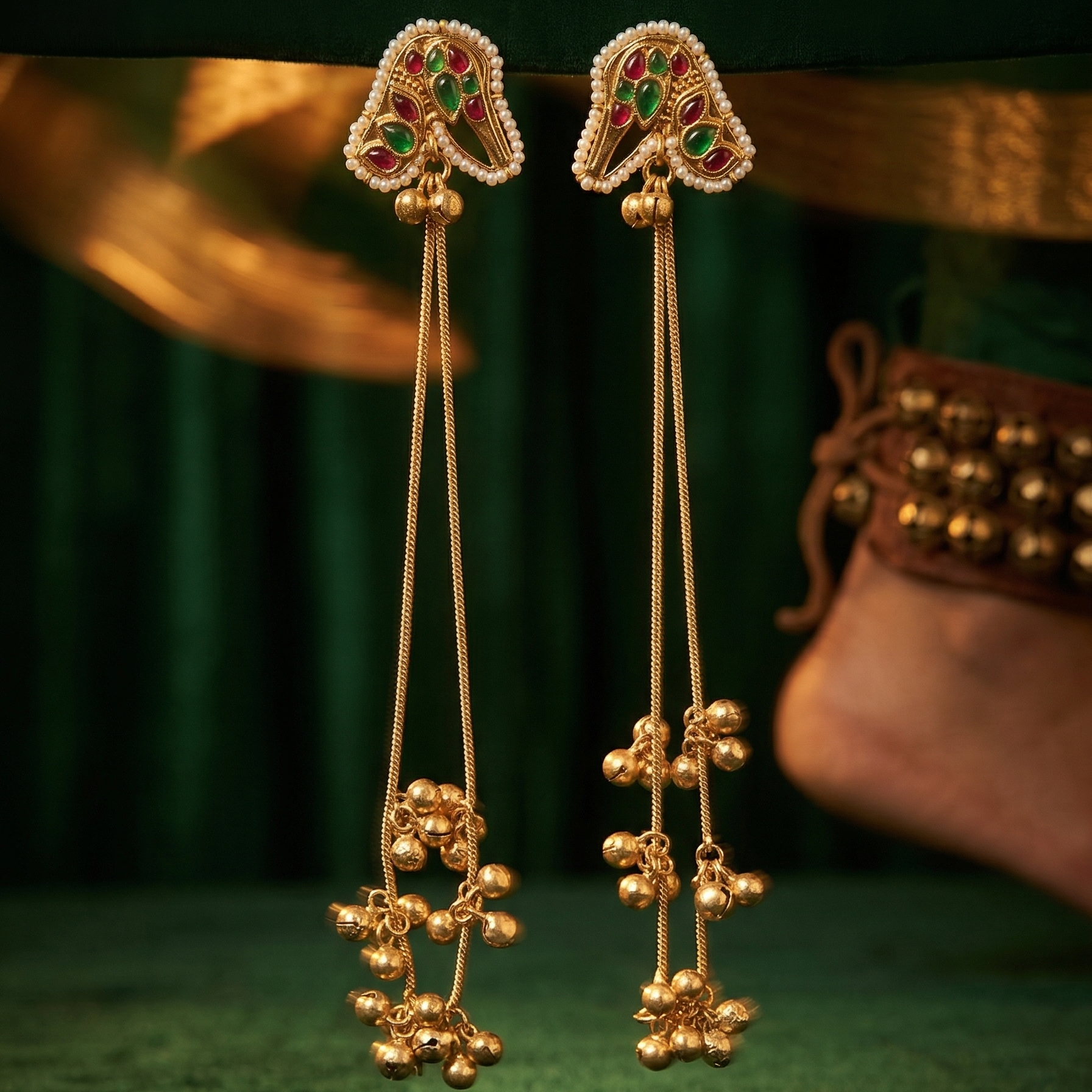 Yugavi Jhankaar Emerald long drop earrings in antique gold — seed pearl-bordered peacock stud set entirely in emerald green teardrop stones, three graduated gold snake chains with clusters of tiny gold ghungroo bells, displayed as a pair on khaki fabric