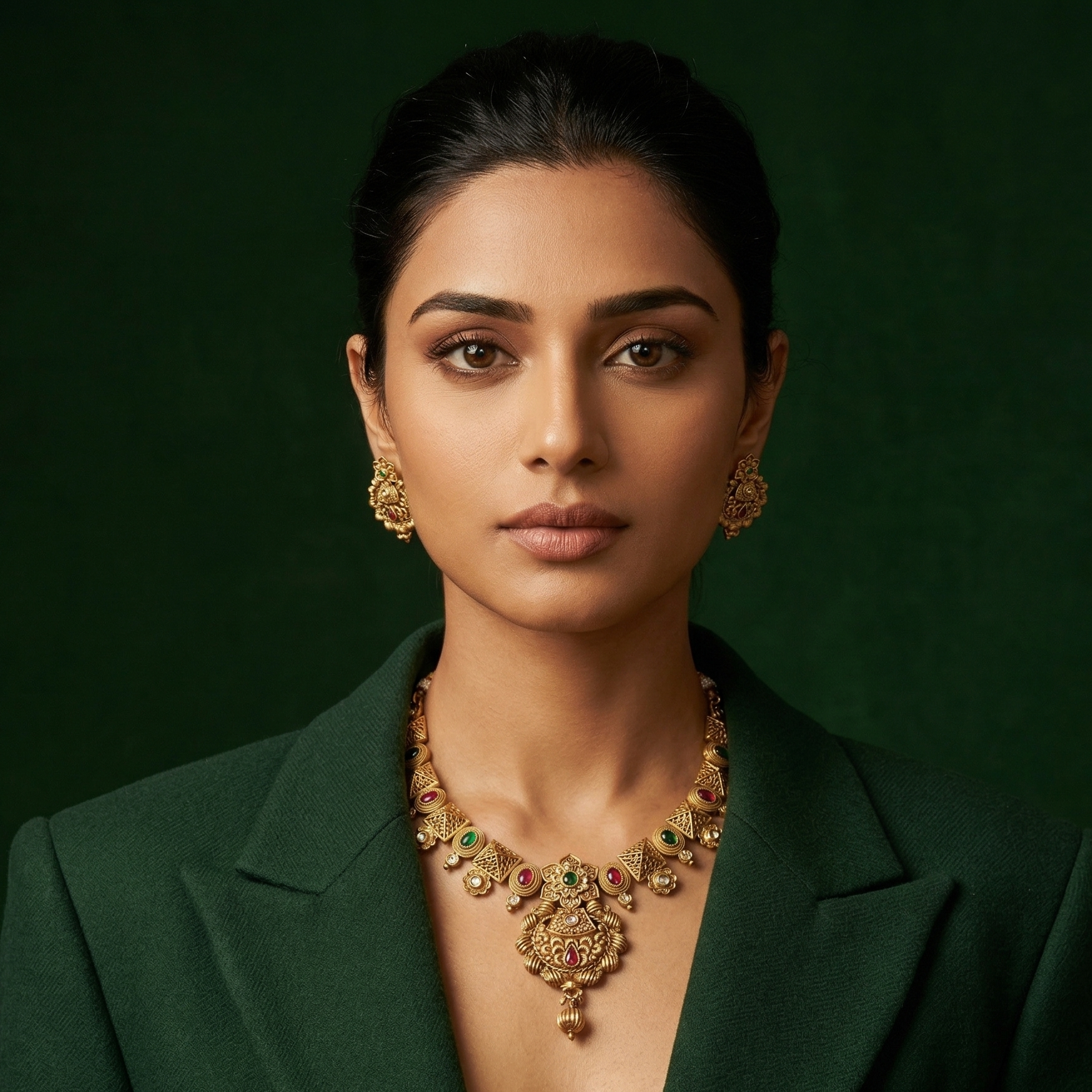 Yugavi Kalasha antique gold temple earring front and back view — lotus flower stud top with green cabochon, scalloped ribbed bead body with kundan and ruby teardrop stone, twisted rope border, ribbed gold ball drop 