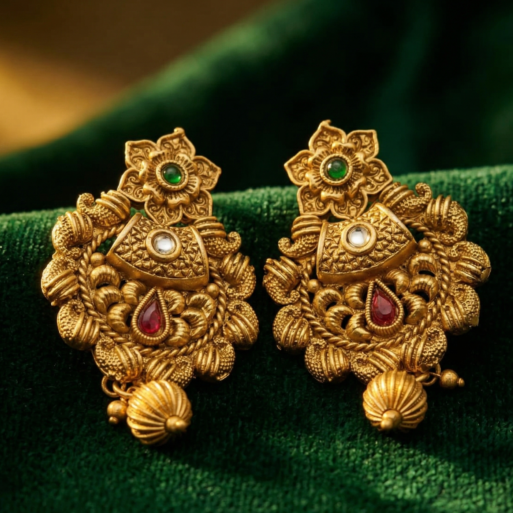 Yugavi Kalasha antique gold temple earring pair front view — engraved lotus stud, wide scalloped body with ribbed bead clusters, central kundan stone and ruby red teardrop cabochon, gold ball drop 