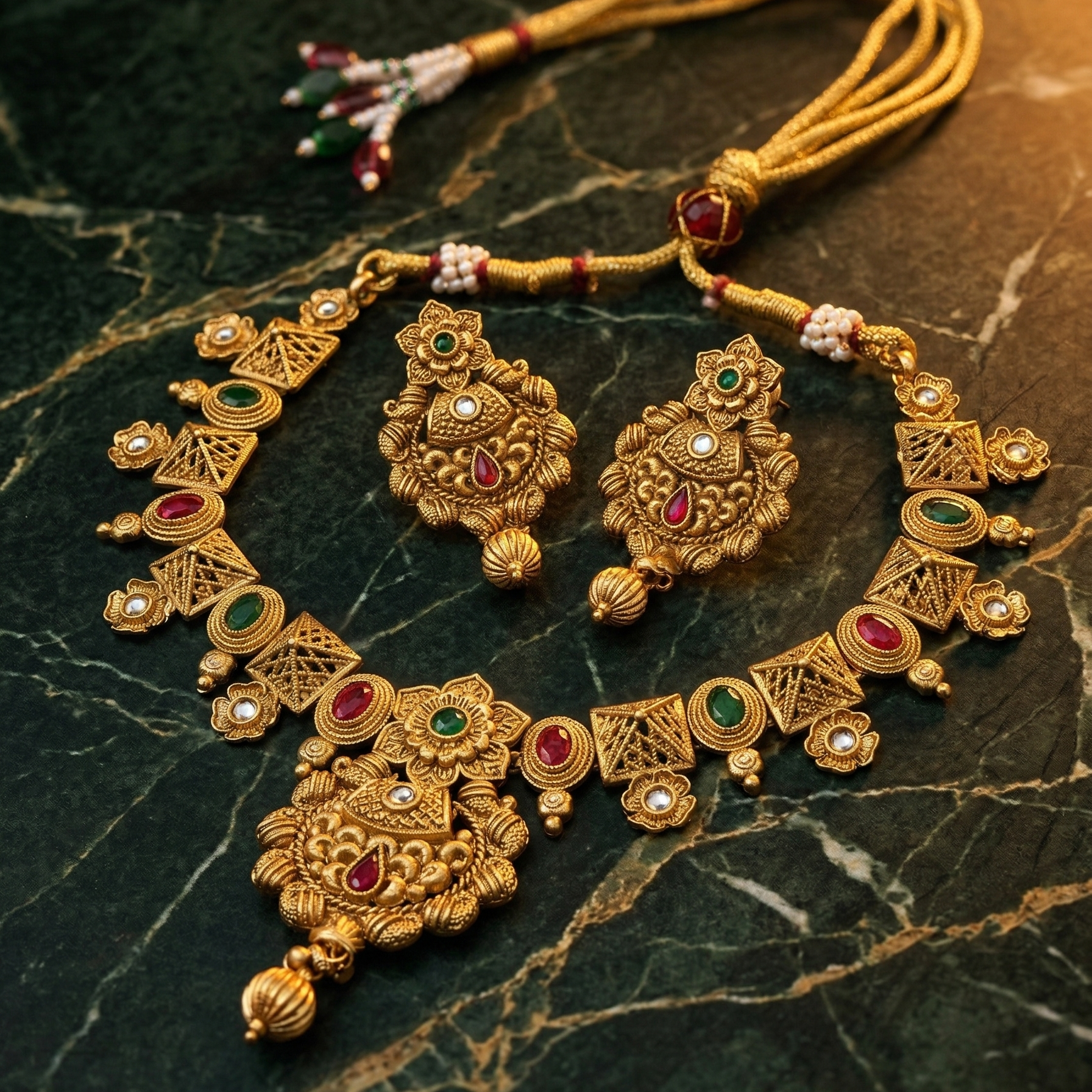 Yugavi Kalasha antique gold temple necklace and earring set flat lay — graduated diamond-lattice plaque kanthi necklace with ruby emerald kundan stones, large scalloped pendant with ribbed gold ball drop, matching scalloped earrings, gold dori with beaded tassel closure