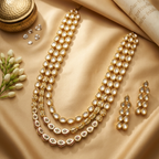 Gold necklace and earrings on a beige fabric background with flowers and a scroll.