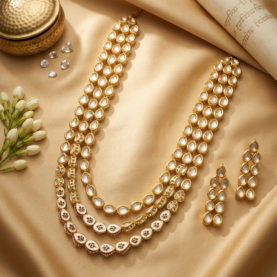 Gold necklace and earrings on a beige fabric background with flowers and a scroll.