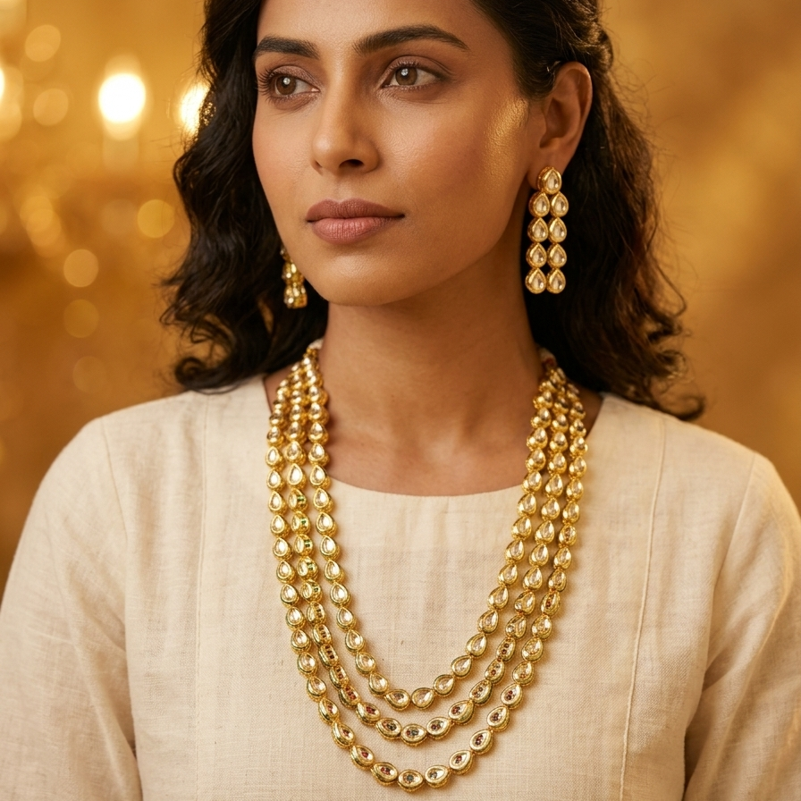 Woman wearing gold jewelry against a warm-toned background