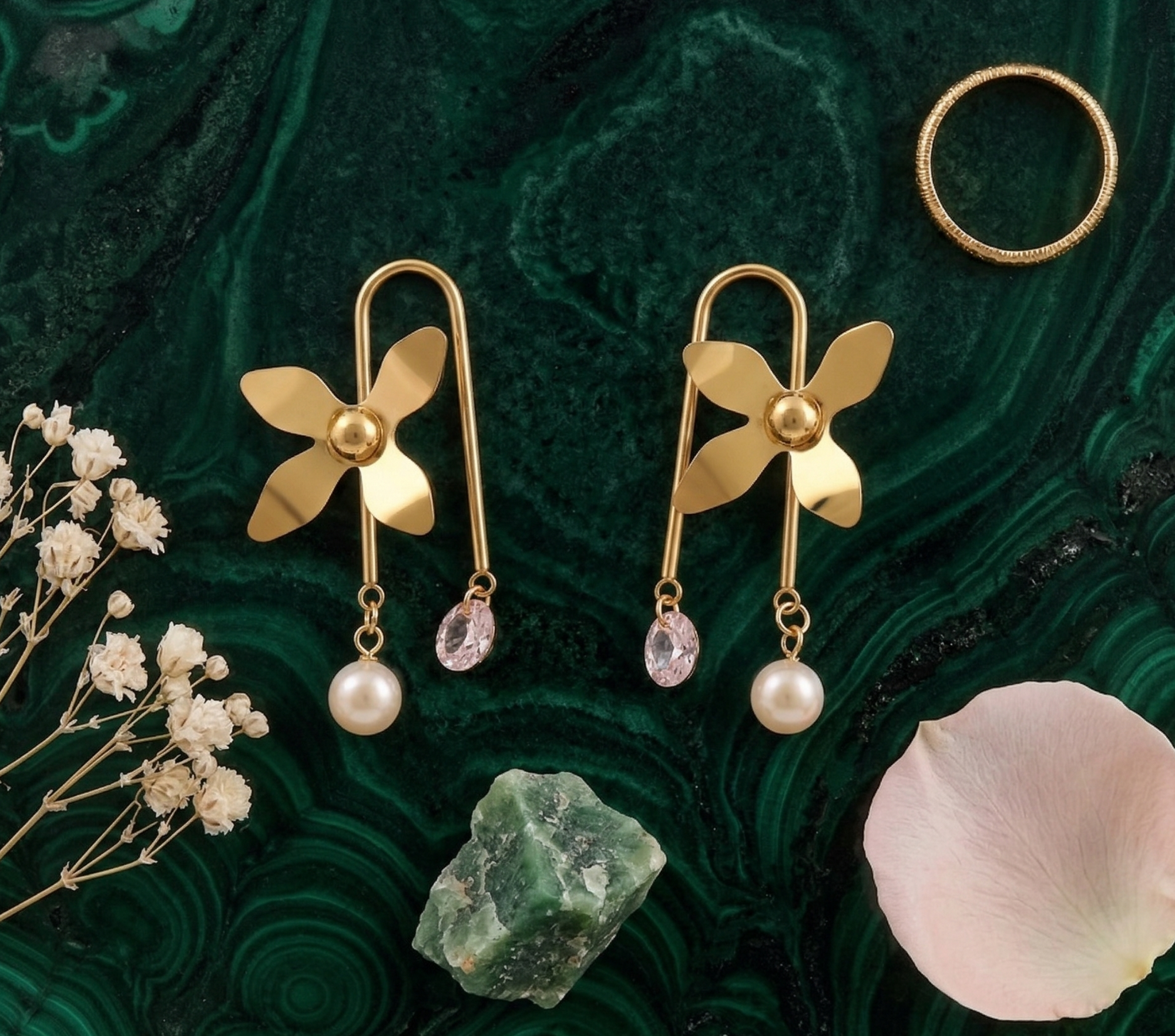 Yugavi Kanika Earrings flat lay — gold floral drop earrings with pink zirconia and pearl bead — Yugavi Bloom Collection — houseofyugavi.com