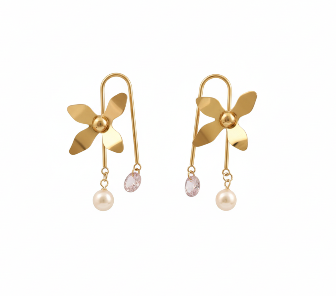 Yugavi Kanika Earrings — gold four-petal floral hook drop earrings with blush pink cubic zirconia and pearl-look bead drop — houseofyugavi.com
