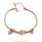 Yugavi Kavach Bracelet — rose gold snake chain bracelet with Hamsa hand evil eye heart and CZ bezel charms — houseofyugavi.com