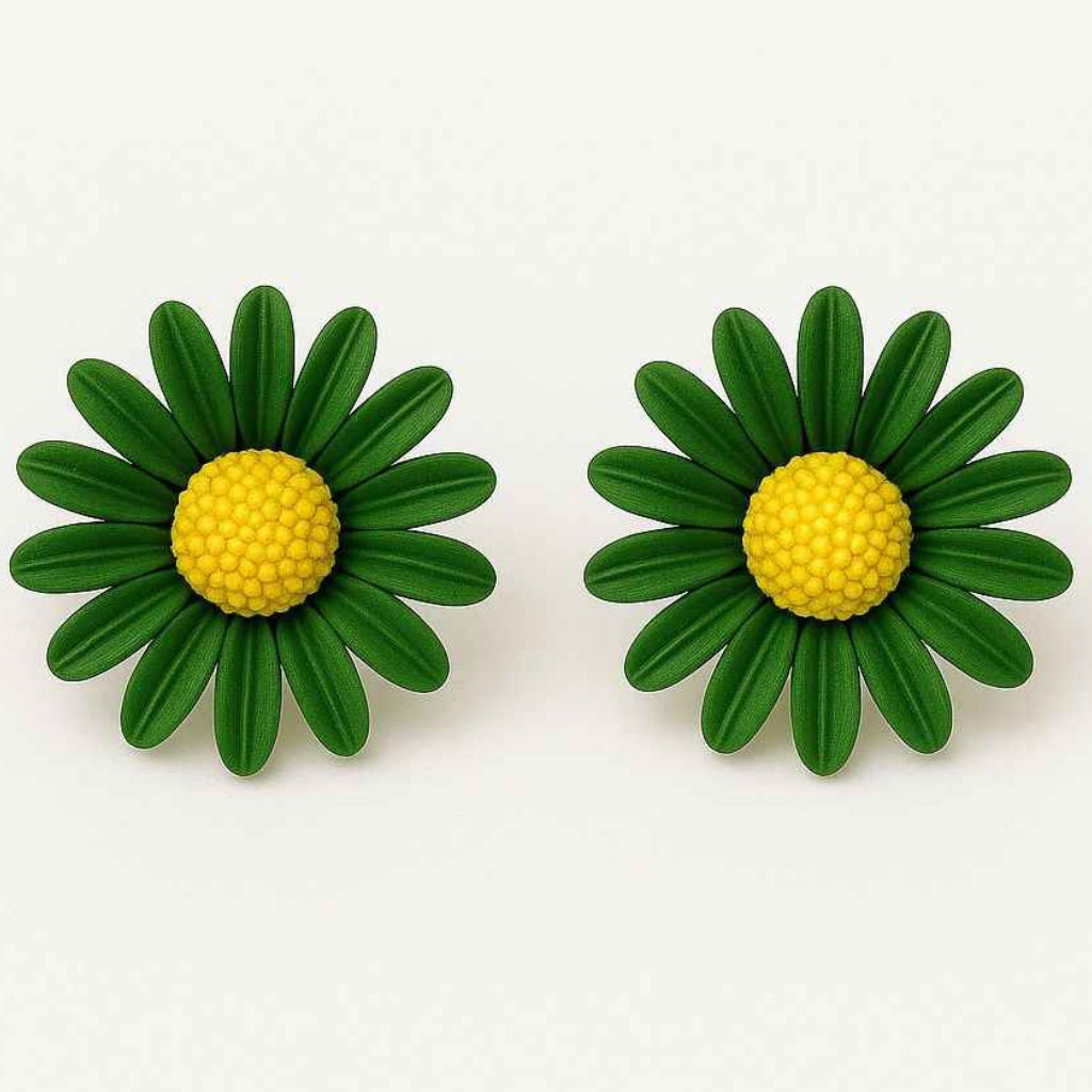 Yugavi KavyaYugavi Kavya forest green daisy flower stud earrings displayed as a pair on white background — ribbed double-layer dark green petals fanning outward around a raised dome of textured yellow pollen spheres, matte finish, push-back stud closure