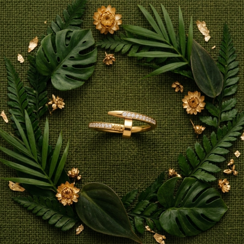 Gold ring with diamonds surrounded by green leaves and gold flowers on a green textured background