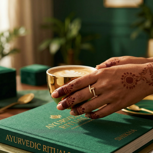 Hand holding a gold cup over a green book titled 'Ayurvedic Rituals' in a warm, indoor setting.