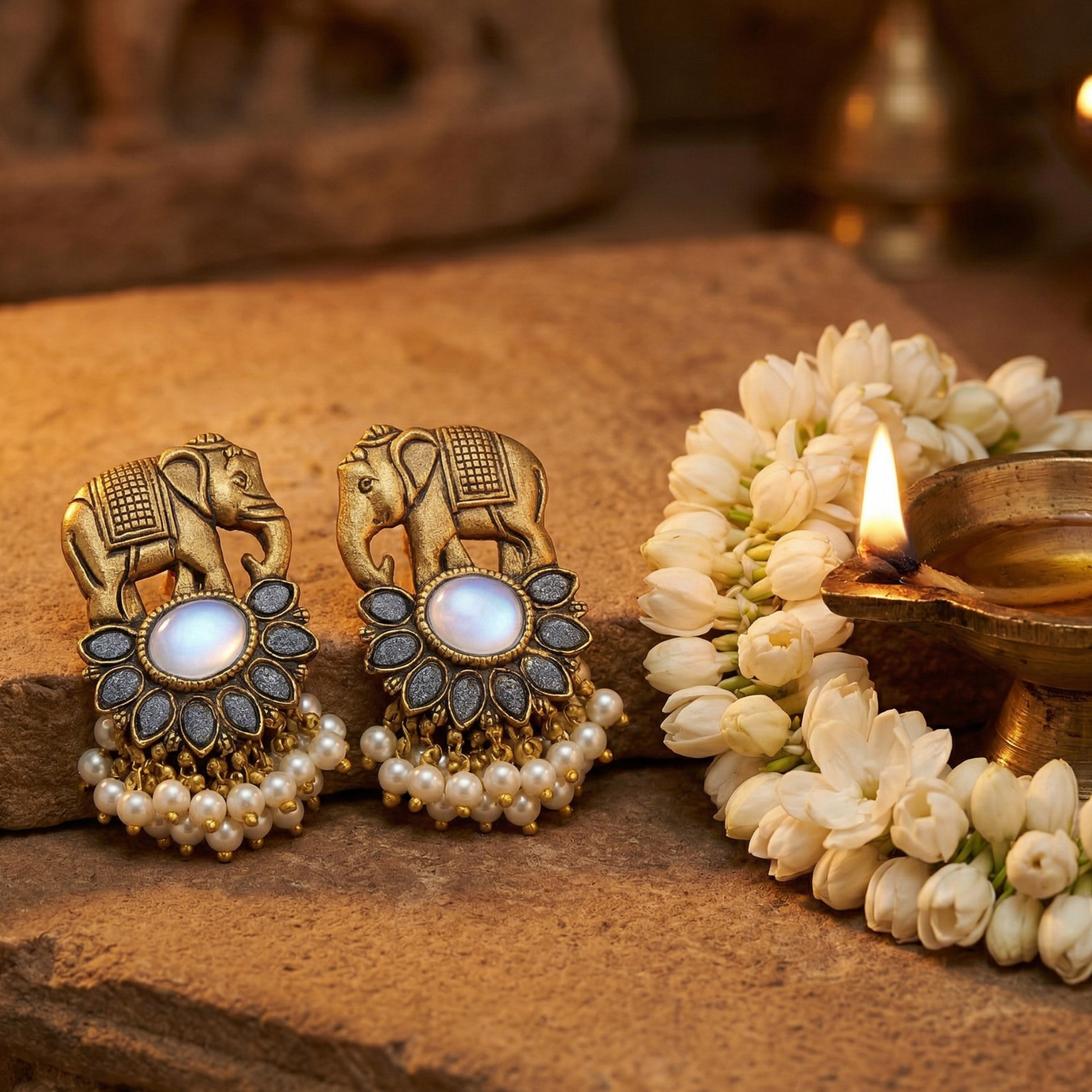 Yugavi Keshvi antique gold temple elephant earrings displayed as a pair on off-white background — full caparisoned elephant with lattice cloth and raised trunk above a white oval moonstone lotus with eight grey shimmer petal stones and a dense triple-row white seed pearl fringe at base