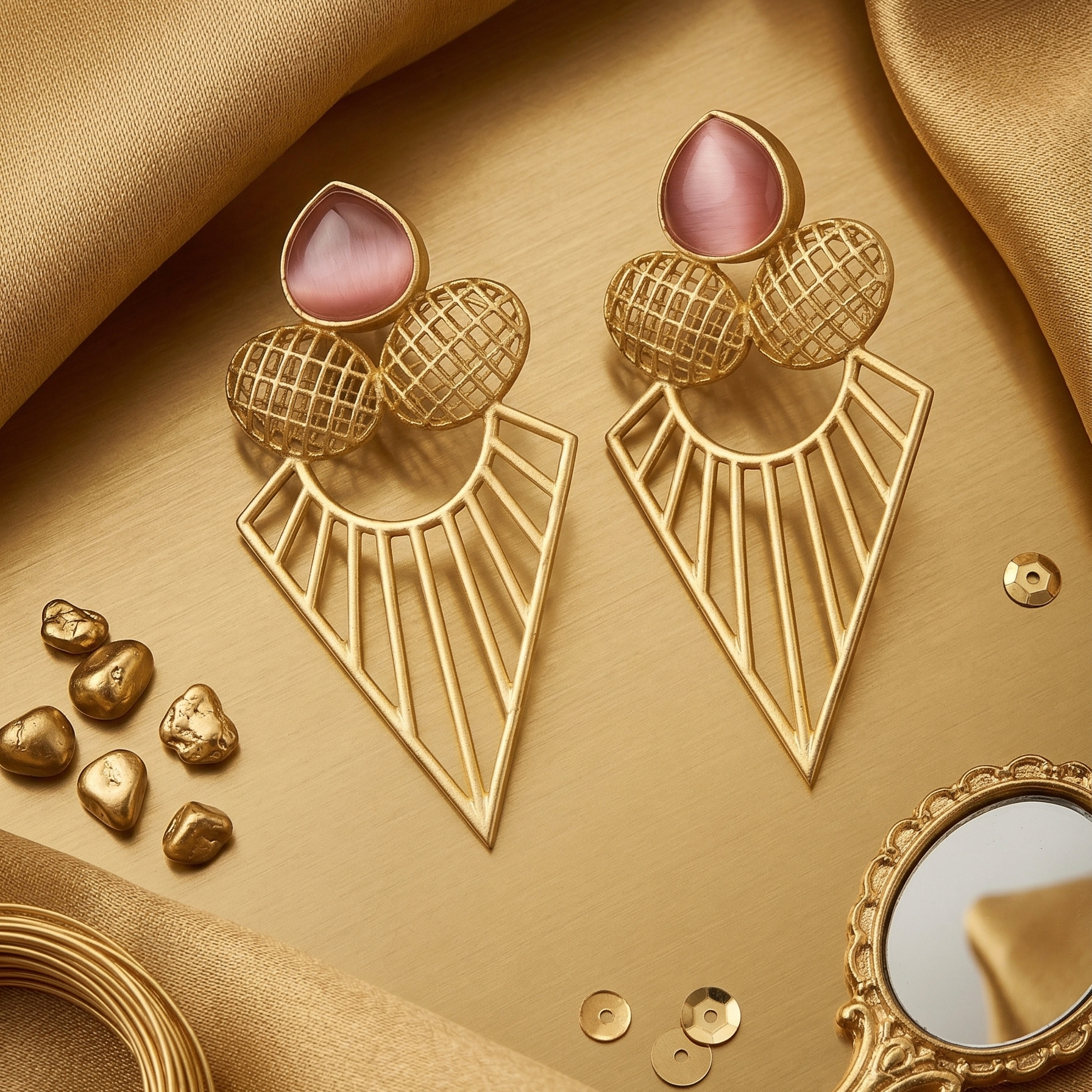 Yugavi Kirana Rose geometric gold drop earrings — blush rose cat's eye teardrop stud with cross-hatched gold ovals and open-work triangular pendant with radiating sun-ray lines, gold polish finish