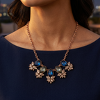 Yugavi Kshanika rose gold statement necklace on white background — rose gold oval link chain with five-station V-composition: pavé champagne crystal flower clusters at outer edges, deep sapphire blue teardrop stones, olive-sage oval stones, and large central sapphire blue marquise stone, all set in rose gold bezels with lobster clasp and extension