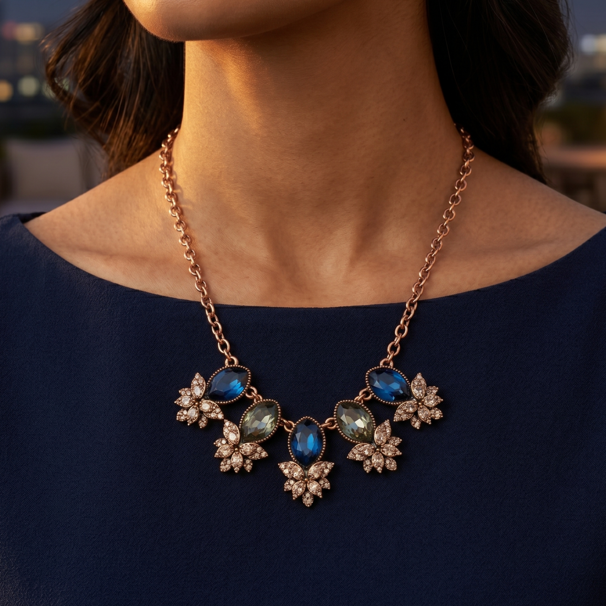Yugavi Kshanika rose gold statement necklace on white background — rose gold oval link chain with five-station V-composition: pavé champagne crystal flower clusters at outer edges, deep sapphire blue teardrop stones, olive-sage oval stones, and large central sapphire blue marquise stone, all set in rose gold bezels with lobster clasp and extension