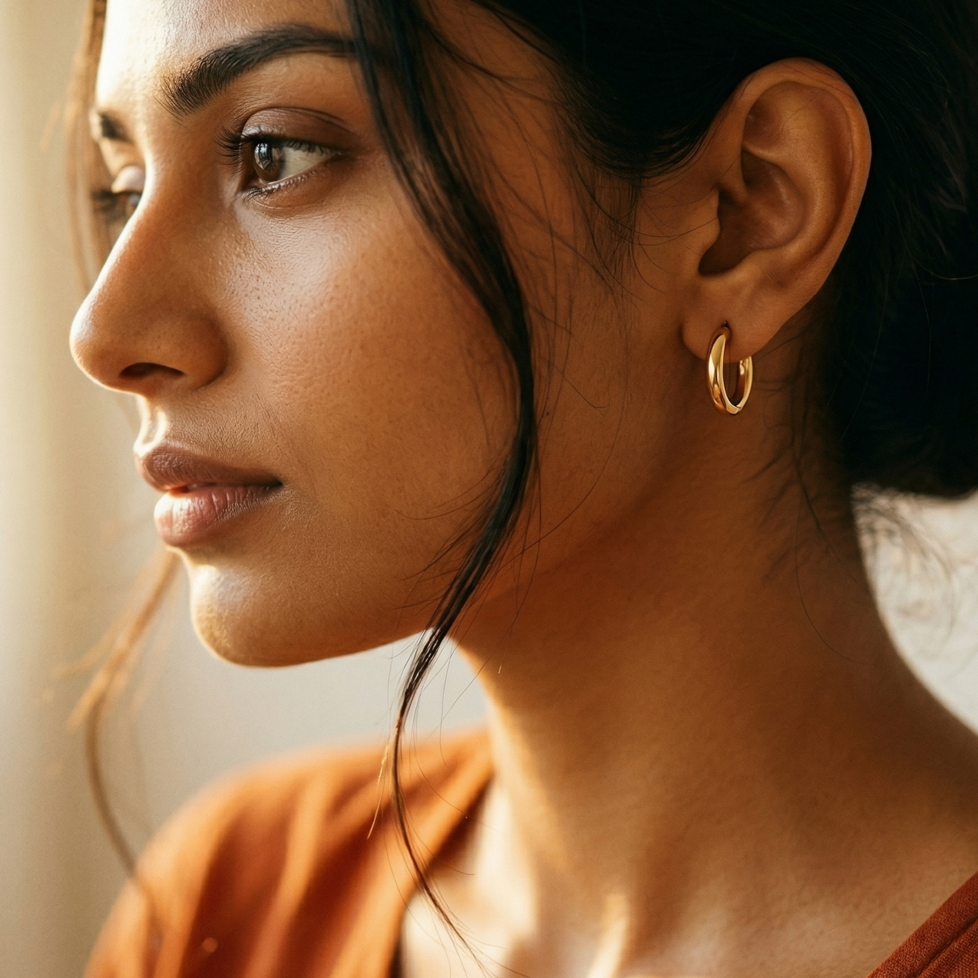 Yugavi Mandala Hoops small gold huggie hoops worn on ear — everyday gold hoop earrings — Yugavi Workday Elegance — Yugavi Jewels