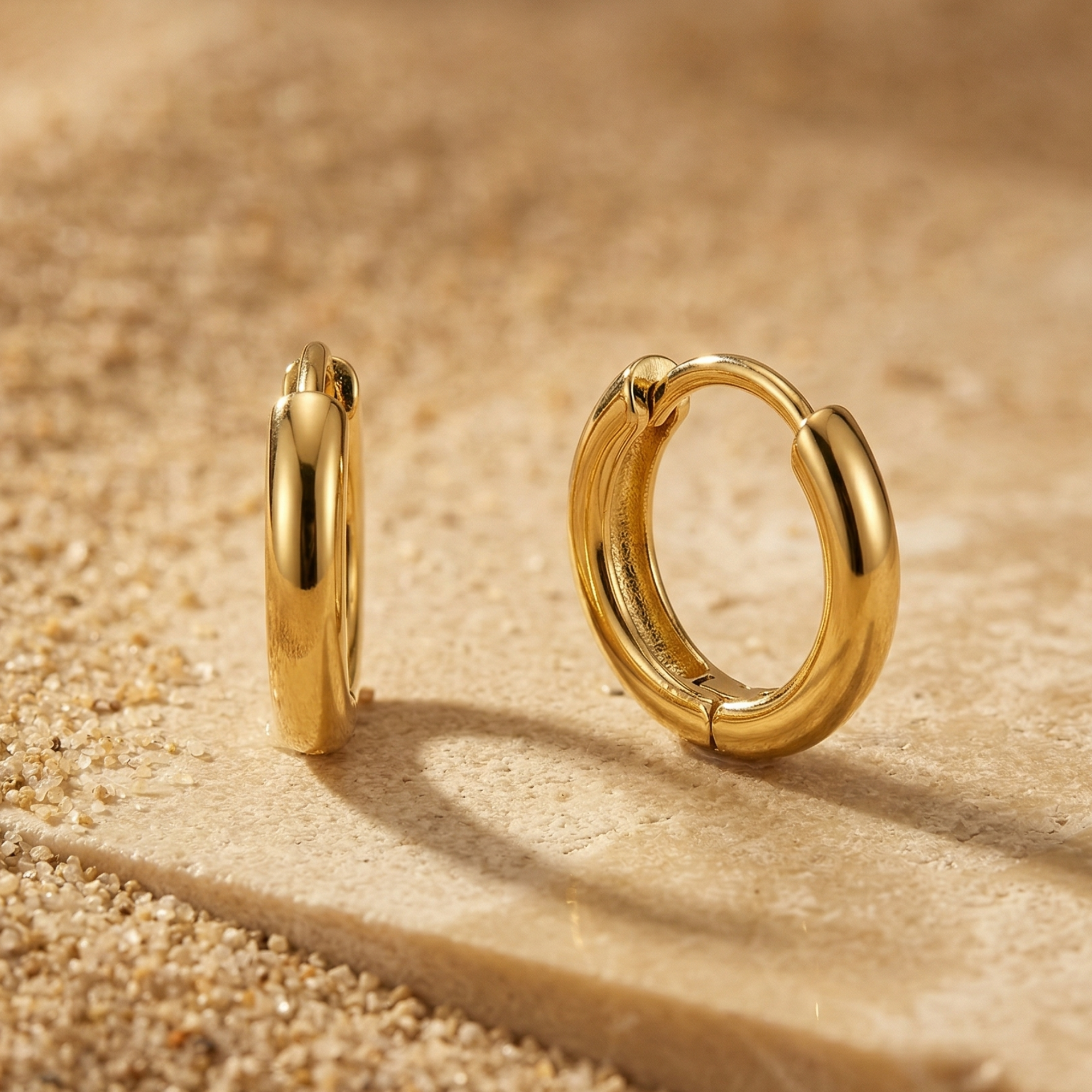 Gold hoop earrings on a sandy surface