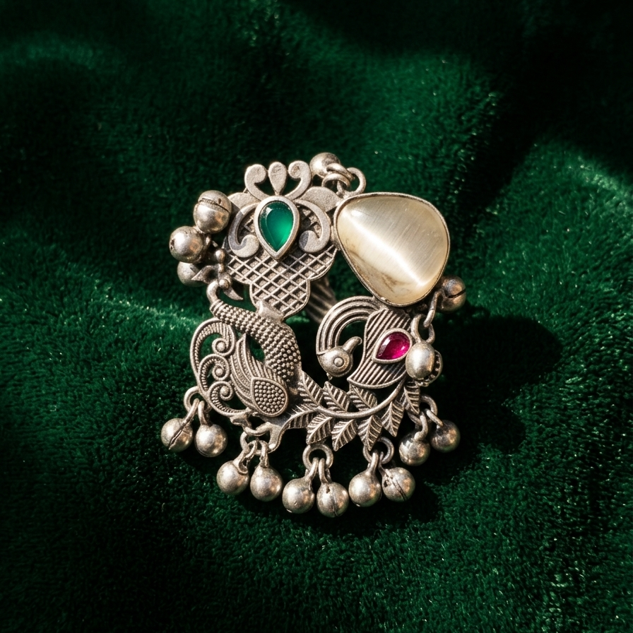 Yugavi Matsya oxidised antique silver statement ring — wide band with Matsya fish and peacock motifs in fine relief silverwork, large white cat's eye oval stone, ruby red teardrop and emerald green teardrop cabochon stones with silver ball drops, displayed on taupe fabric