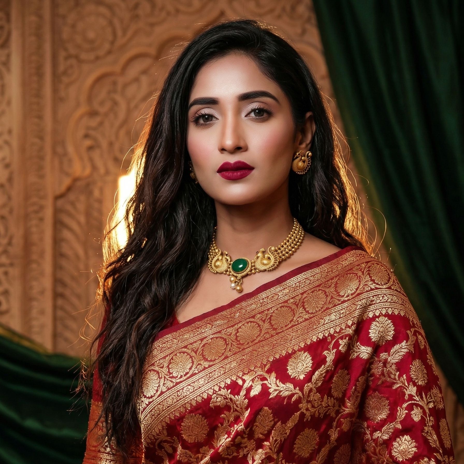 Yugavi Mayura Emerald antique gold peacock temple jewellery set — wide latticed choker with facing peacock motifs, deep emerald green oval cabochon centrepiece and pearl drops, with ruby-eyed peacock stud earrings, displayed on khaki fabric