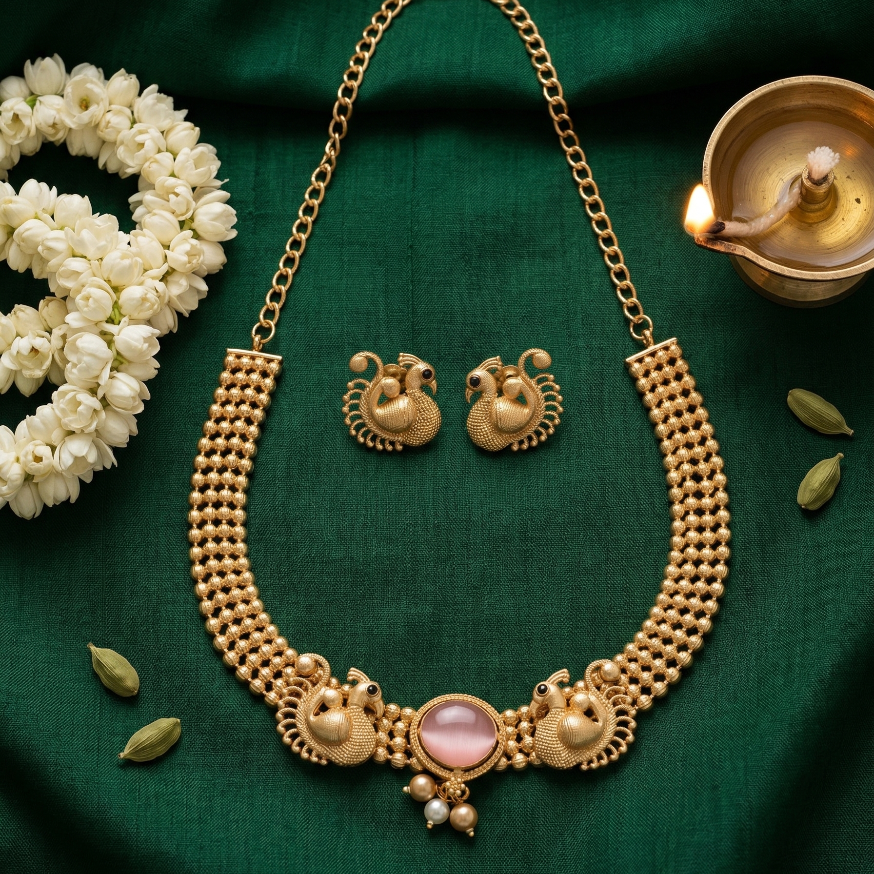 Yugavi Mayura antique gold peacock temple jewellery set — wide latticed choker necklace with facing peacock motifs and blush cat's eye cabochon centrepiece, paired with peacock stud earrings, displayed on khaki fabric background